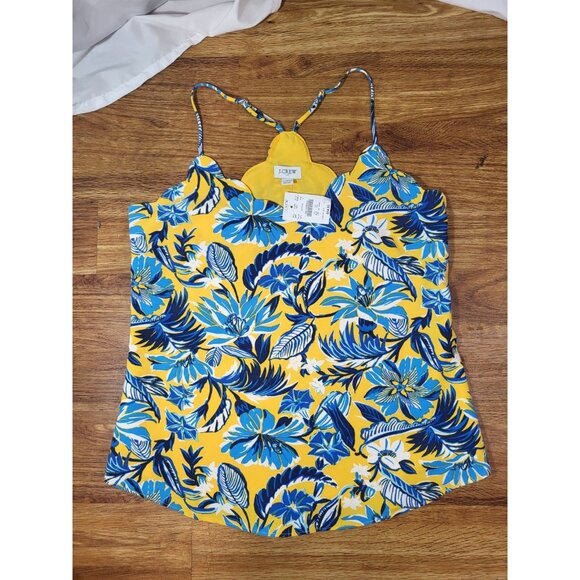 J.Crew Blue Yellow White Floral Scalloped Adjustable Strap Cami Top | Size 2 NWT - Picture 1 of 4
